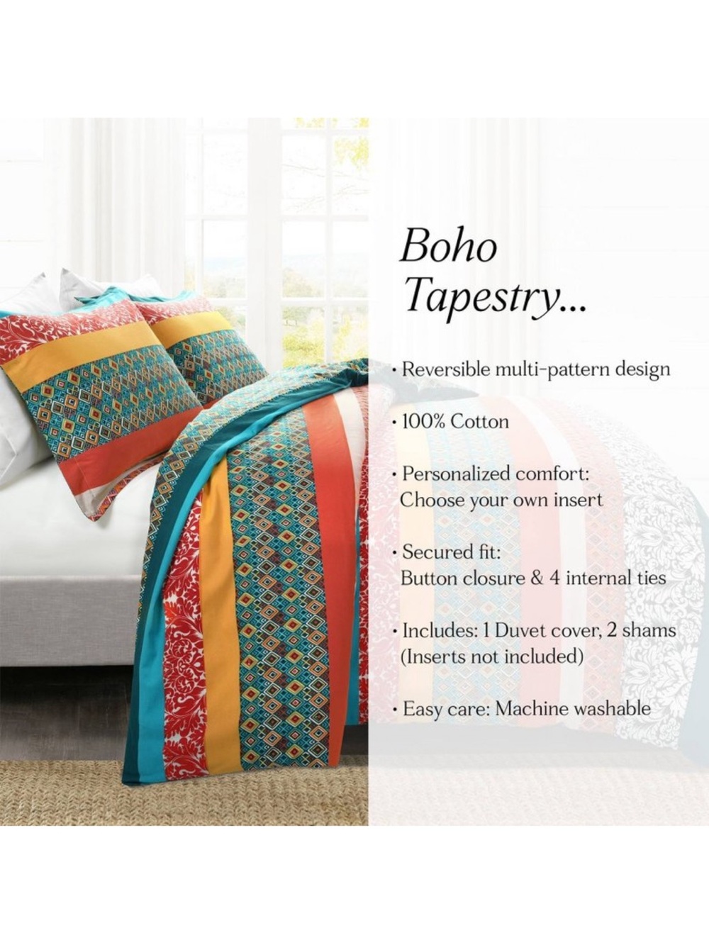 Lush King Multicolor Striped Duvet Cover  Set,Turquoise/Red/Mustard/Orange